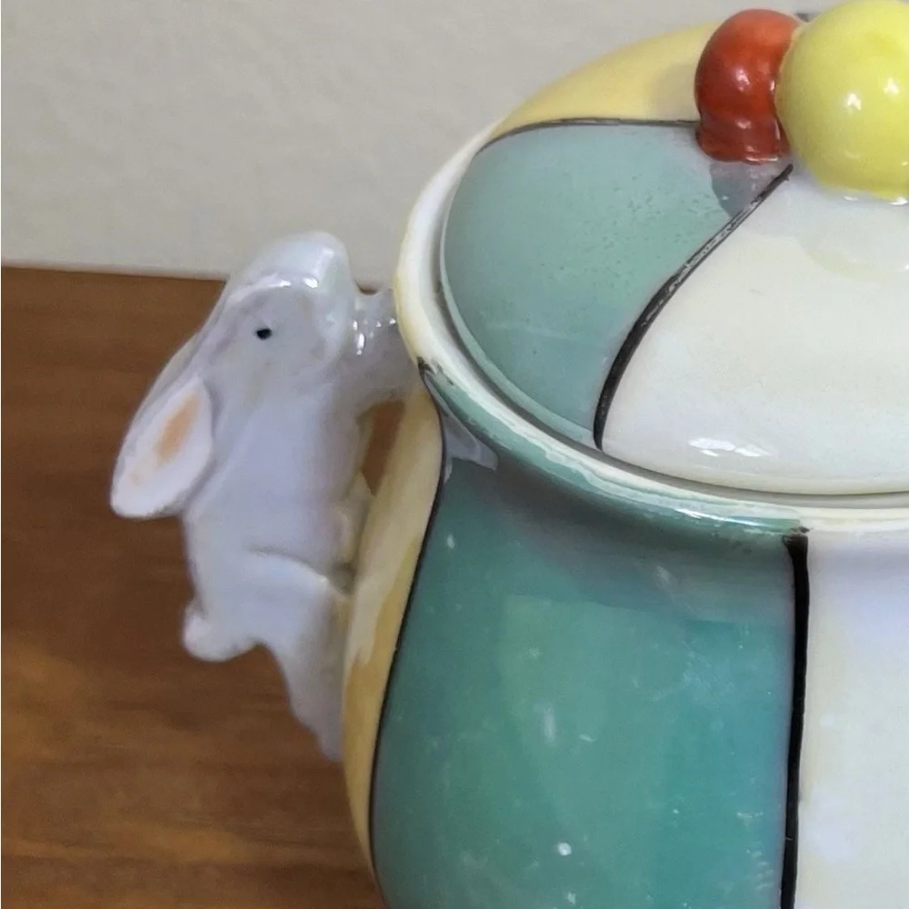 Vintage Japanese Lusterware Creamer & Sugar Wth Rabbit Handle Pastel/Harlequin